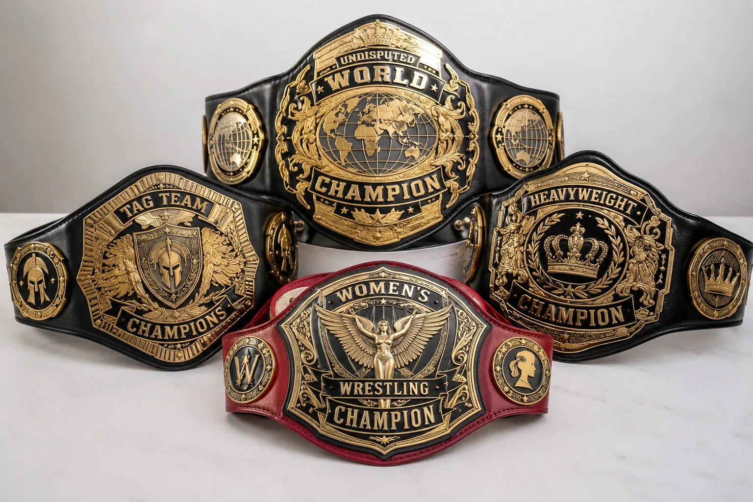 Custom championship belts with gold metal plates and black and red leather straps displayed in a premium studio product shot.