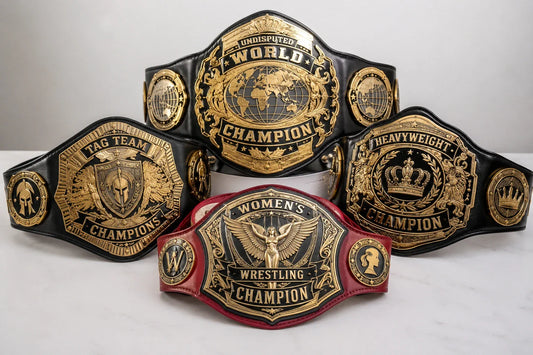 Custom championship belts with gold metal plates and black and red leather straps displayed in a premium studio product shot.