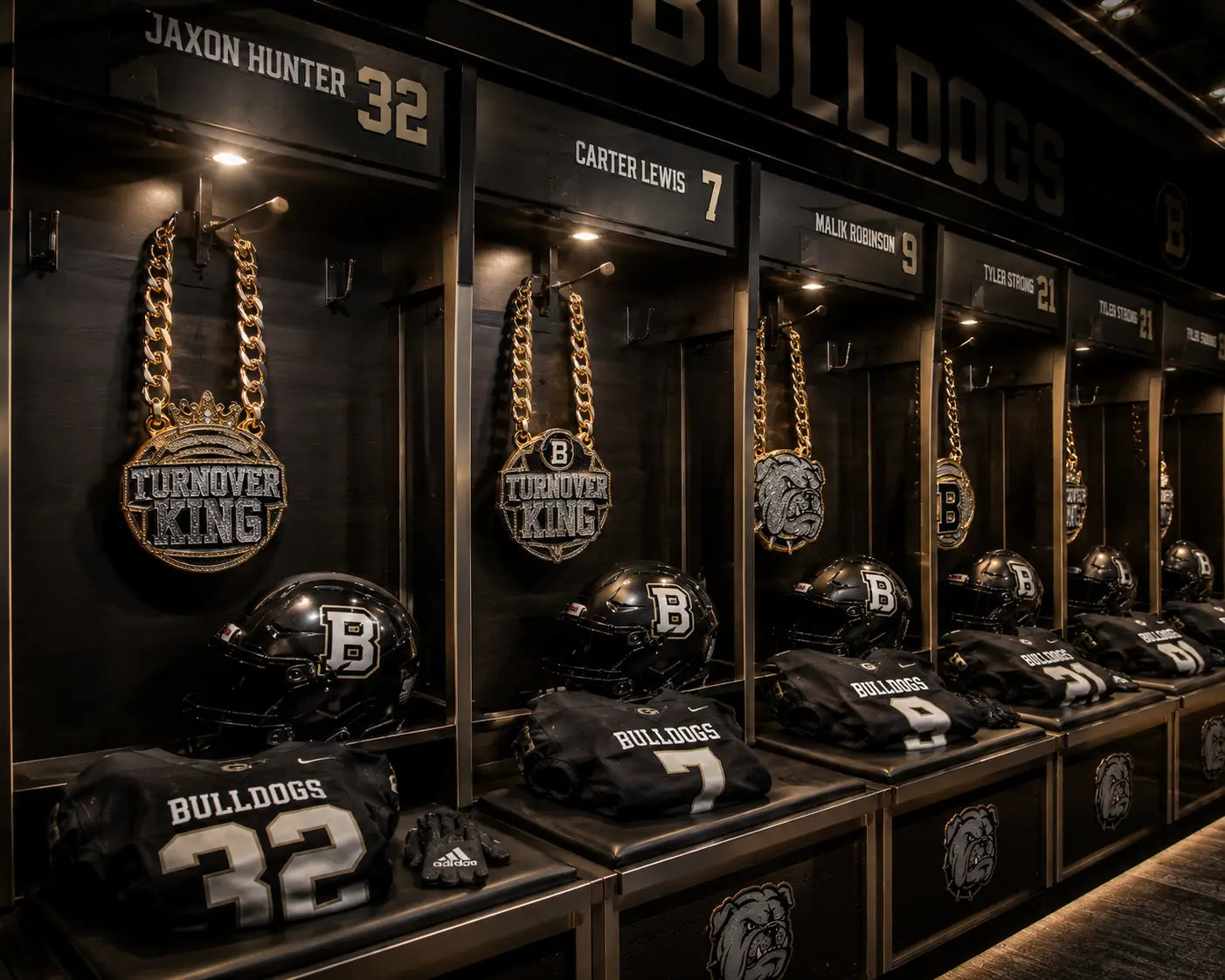 Custom turnover chain being celebrated on football sideline after defensive play