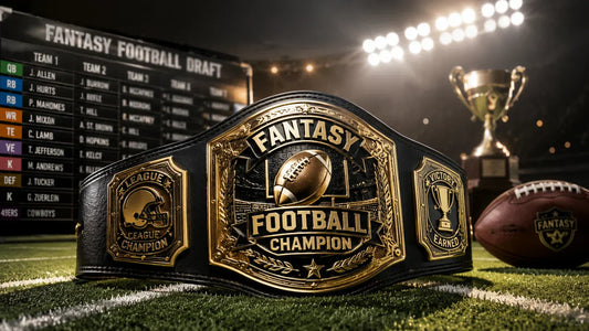 Premium fantasy football belt displayed on a football field under stadium lights for serious league champions